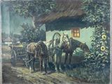 un tableau représentant deux chevaux tirant une calèche sur la route
