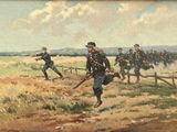 tableau représentant un groupe d'hommes en uniforme marchant dans un champ