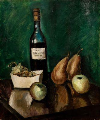 Aris Metzanoff (XXe siècle) Nature morte à la bouteille "Gra…