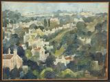an oil painting of a view of a town from a hill