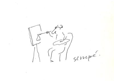 drawing of a man sitting in a chair with a brush in his mouth and writing on a piece of paper