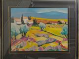 painting of a landscape with trees and hills in the background
