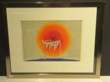 framed picture of a picture of a painting of a sun and a tree