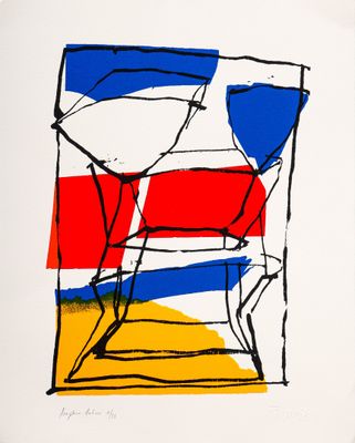 une image représentant une peinture d'une chaise rouge, blanche et bleue