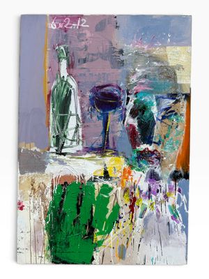 abstract painting of a man with a glass of wine on a table