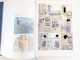 an open book with a picture of a woman in a bathrobe