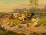 tableau représentant un troupeau de poulets dans un champ au bord d'une rivière