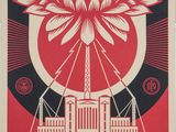 a red and black poster with a large flower on it
