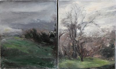 trois tableaux représentant des arbres dans un champ, avec un ciel nuageux en arrière-plan