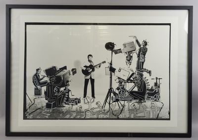 black and white drawing of a group of musicians on stage