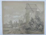 an old drawing of a bridge over a river with a boat in the water