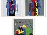 four paintings of people in different colors on a white background
