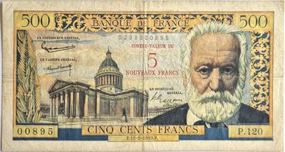 5 NF sur 500 francs Victor Hugo 12/2/1959, rare, TTB