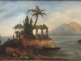 an oil painting of a small island with a boat in the water