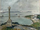 peinture représentant une croix sur une colline surplombant un plan d'eau