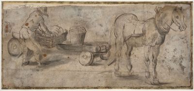 une image représentant un dessin d'un cheval tirant une charrette sur laquelle se trouve un homme