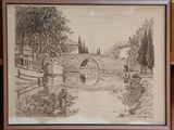 drawing of a boat on a river with a bridge in the background