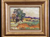 an oil painting of a field with a tree in the background