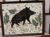 a picture of a painting of a black bear in the snow