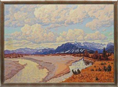an oil painting of a river with mountains in the background