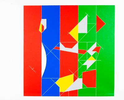 an abstract painting with multiple colors and shapes on a white background