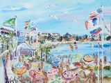 une peinture de personnes sur la plage avec des parasols