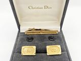 christian dior 18k gold plated cufflinks and tie bar set