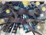 un dessin représentant un oiseau survolant une ville la nuit