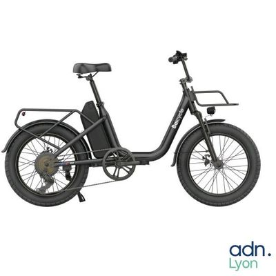une photo d'un vélo électrique noir équipé d'un panier à l'arrière