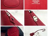 a collage of photos showing the details of a red purse