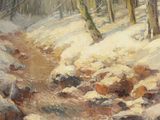une peinture à l'huile représentant un ruisseau traversant une forêt enneigée