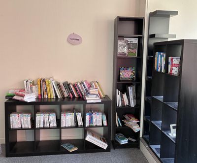 une bibliothèque dans un coin de la pièce, avec une horloge accrochée au mur