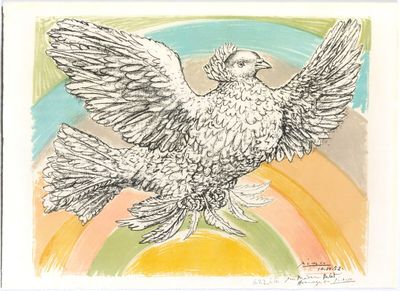 drawing of a white bird with wings spread in front of a rainbow