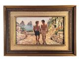 un tableau représentant un couple marchant sur un sentier avec un chien