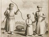 an old drawing of three men and a child with a bow