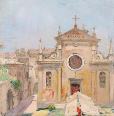 une image représentant un tableau d'un bâtiment devant lequel se trouve un bateau