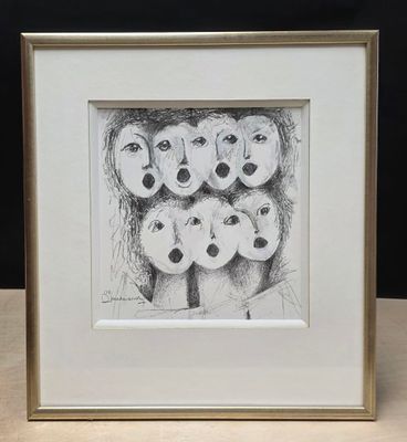 drawing of a group of people with eyes drawn in pencil