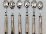 six spoons and a spoon with a handle are lined up on a white surface