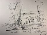 drawing of a group of people standing on a beach next to a palm tree