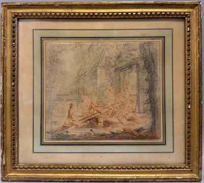 un dessin représentant un groupe de personnes dans un décor boisé