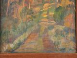 an oil painting of a dirt road in a wooded area