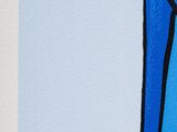 painting of a blue curtain with a black stripe on a white background