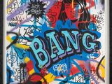 framed photograph of graffiti art of a woman with the word bang on it