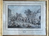 an old picture of a group of people gathered around a man on a horse