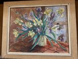 a painting of purple and yellow flowers in a vase