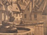 a drawing of a fountain with a statue in it
