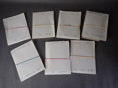 several pieces of paper with writing on them sitting on a table