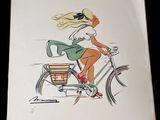 a drawing of a woman riding a bike with a basket on the back