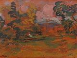 une image d'un tableau représentant un paysage avec des arbres au premier plan