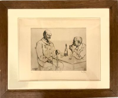 tableau représentant deux hommes assis à une table avec des bouteilles de vin